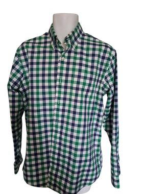 LANDS' END check shirt Plaid button down blue green crisp no iron twill cotton M